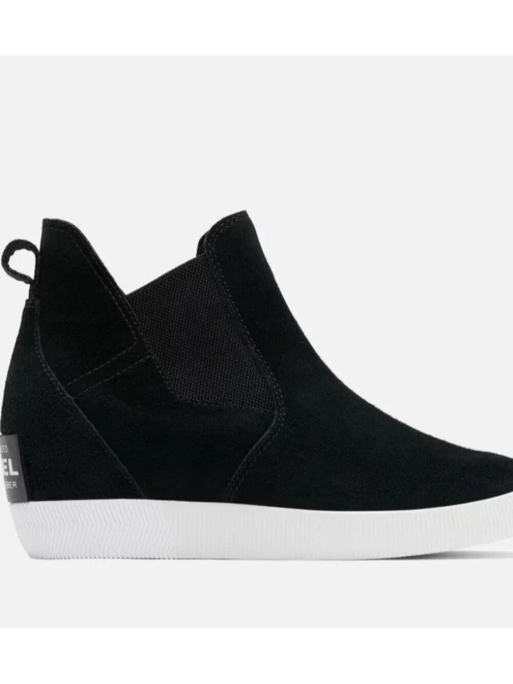 Sorel Black Suede Wedge Ankle Booties with White Sole